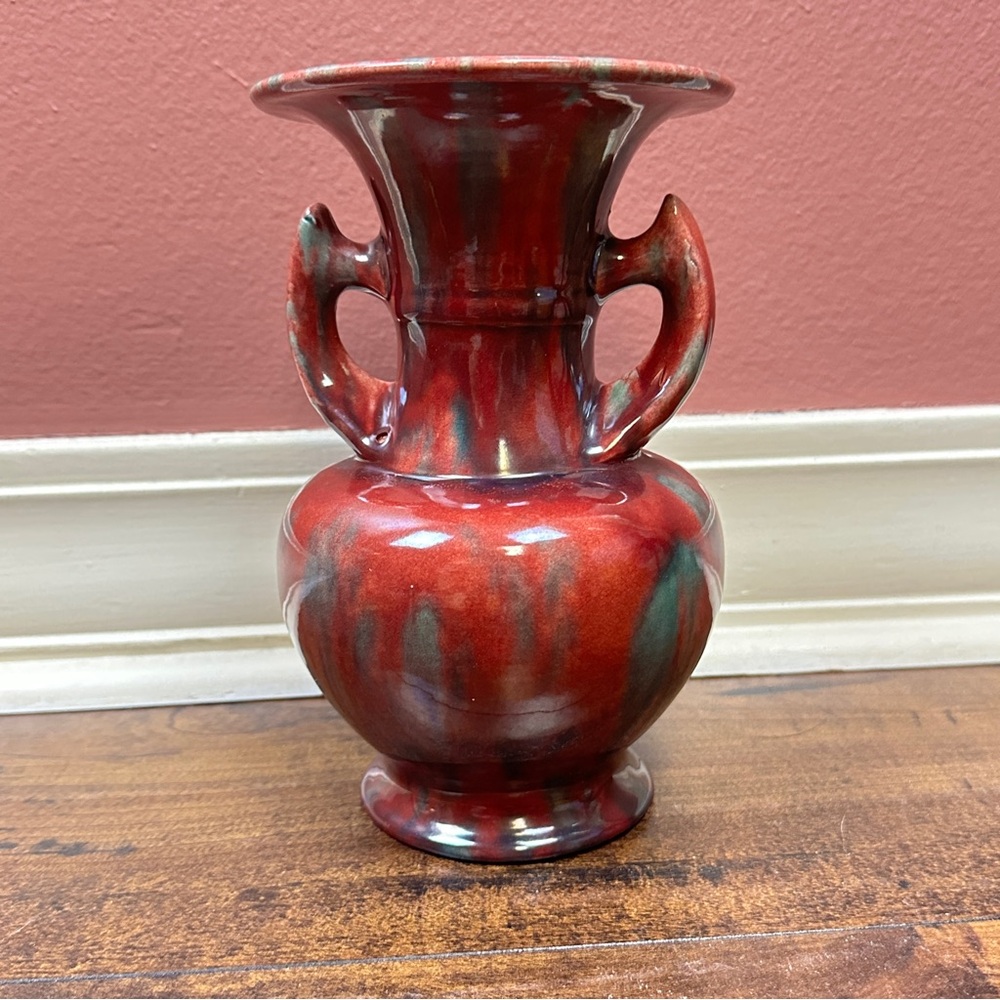 Vintage Flambe AWAJI WARE Signed Handled Art Pottery Vase 1940s